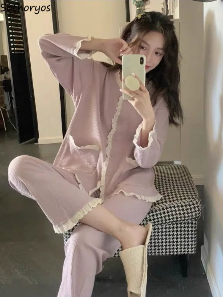 Pajama Sets Women V-neck Stylish Patchwork Simple Lovely Preppy Style Ins Schoolgirl Pockets Design Autumn Korean Version Lounge