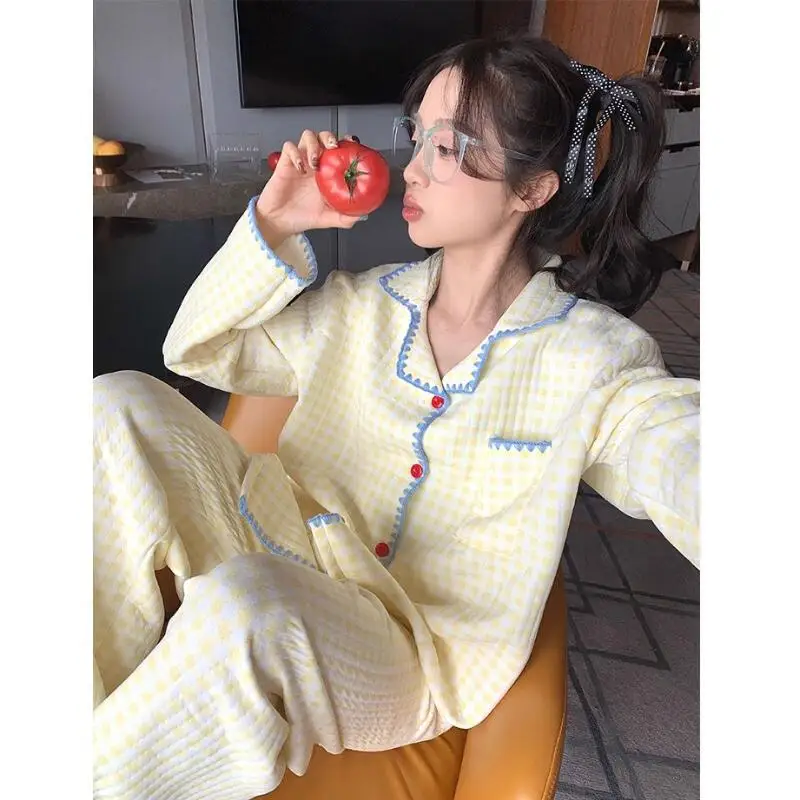 

Women's Grid Pajamas Homewear Outerwear Thickened Set Air Cotton Female Student Spring Autumn Winter Two-Piece Set Loungewear