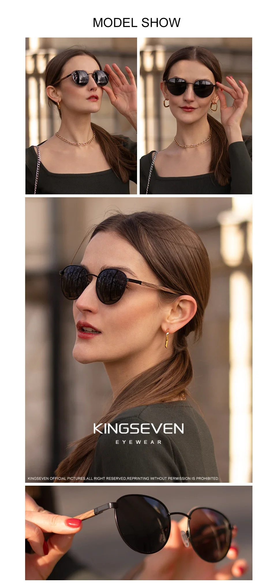 KINGSEVEN Mode Handgemachte Schwarz Walnuss Holz männer Sonnenbrille Frauen Polarisierte Spiegel Objektiv Sonnenbrille Männlichen UV400 Fahren – Detail 2