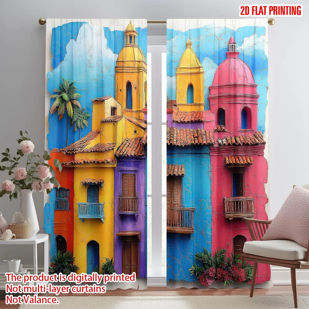 

2D flat printing 2pcs Window Treatment Curtains Colorful Mediterranean Houses Digital Printed Polyester Drapes Festive Wall