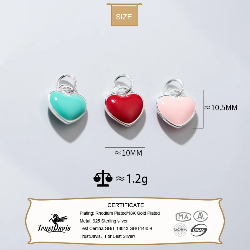 TrustDavis Real 925 Sterling Silver Sweet Love Colour Glaze Romantic Heart Charm Pendant Handmade DIY Accessories Wholesale DZ11