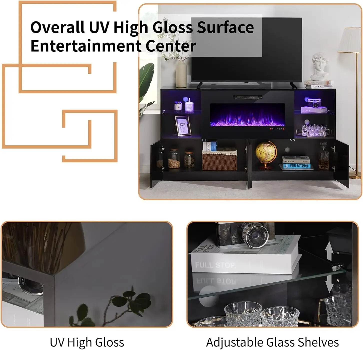 3 Piece Modern High Gloss Fireplace TV Stand + Bookcase  Living Room Includes 68