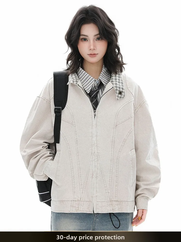 

American Retro Waed Pilot Jaet Loose Silhouette Workwear Coat Autumn New Sle Youth ular Cotton Long Sve Zipper