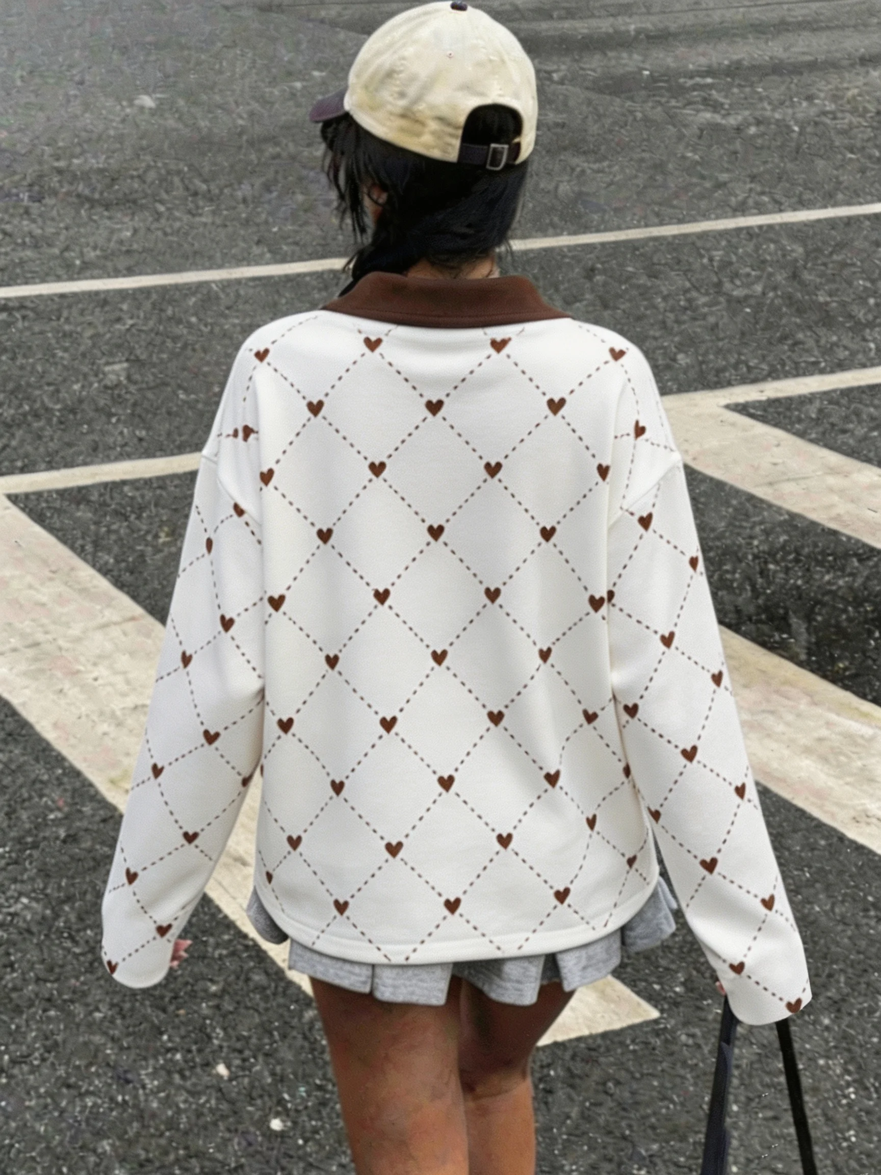Women's Autumn Casual Lapel Button Color Block Geometric Pattern Long Sleeve Hoodie Top for Daily Travel
