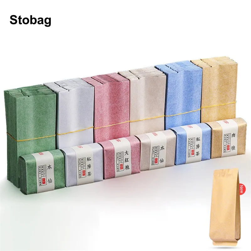 StoBag 50pcs Colorful Long Cotton Paper Packaging Bag Kraft Sealing for Coffee Tea Powder Storage Pouch Portable Wholesale