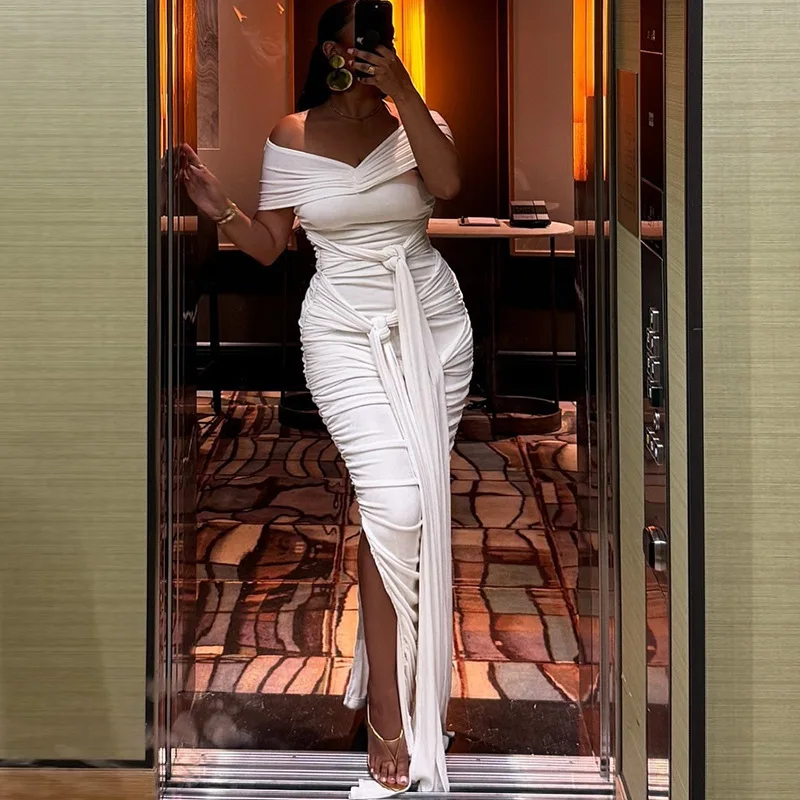 فستان نسائي أوروبي وأمريكي جديد بلون سادة بدون أكتاف بدون أكمام وشريط أنيق ونحيف #3