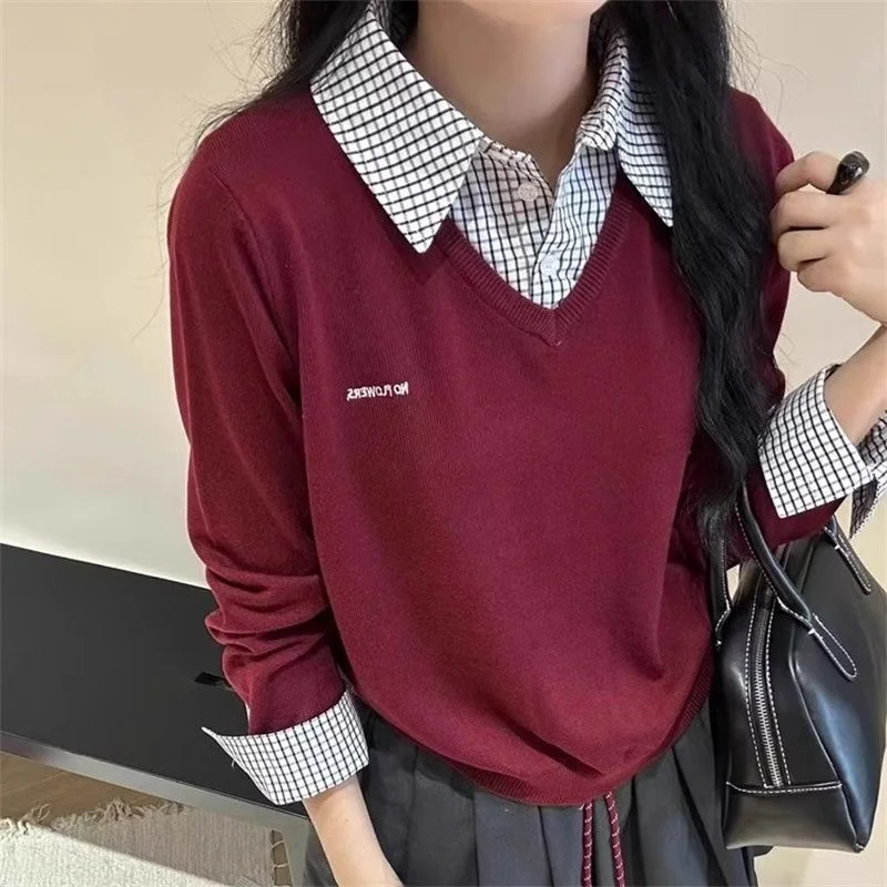 Suéter de malha com gola alta, duas peças falsas, europeu, longo, comprimento regular, cardigã de inverno