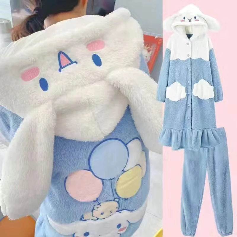 Sanrioed 2Pcs Cinnamoroll Plush Pajama Set Cartoon Kuromi My Melody Kawaii Winter Hooded Long Style Home Clothes Thicken Pants