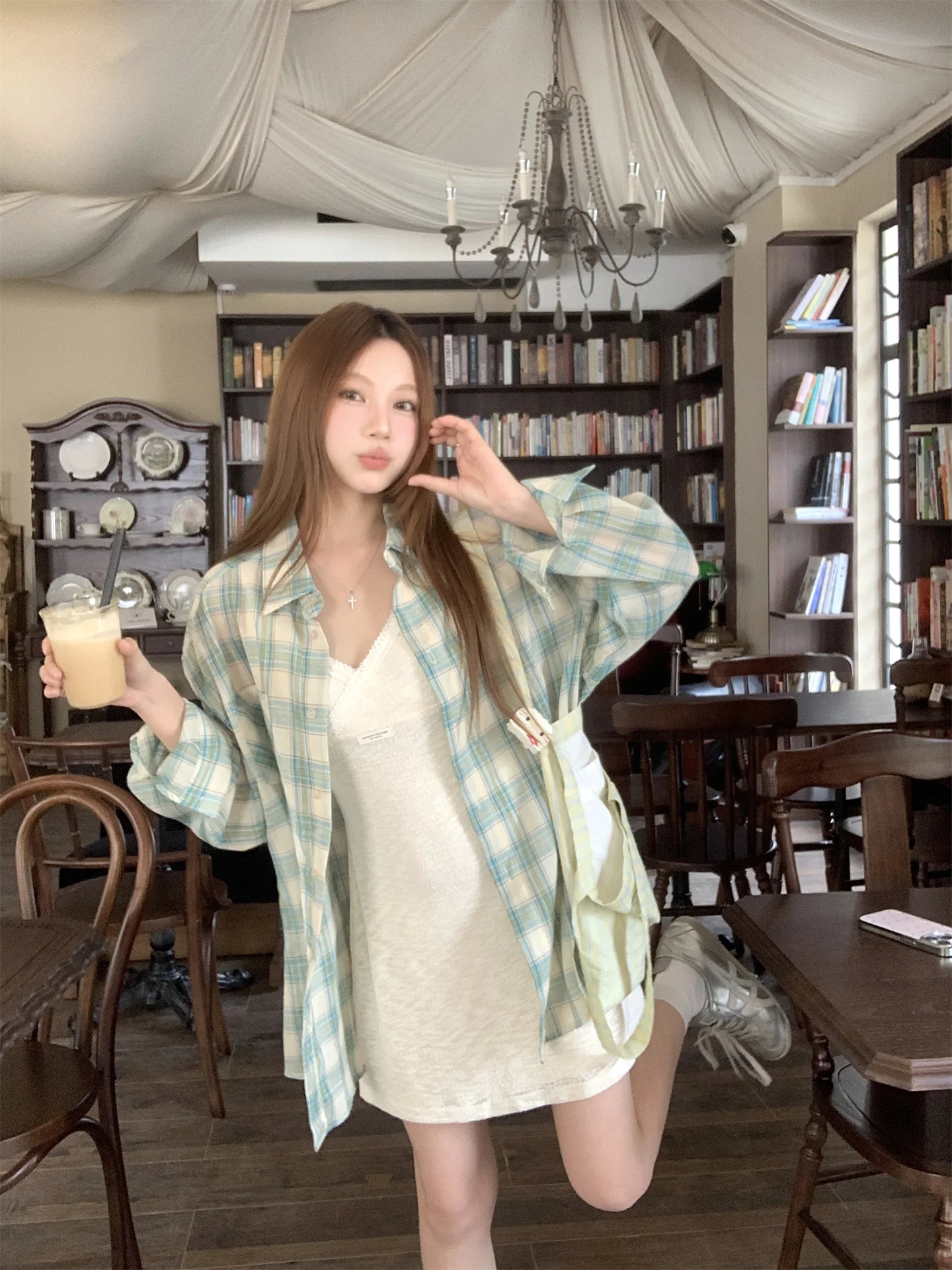 

Summer Hit Sweet Lazy Thin Plaid Sun Protection Shirt V-neck Cross Strap Waist-cinching Dress Set Women's Fashion Ensemble