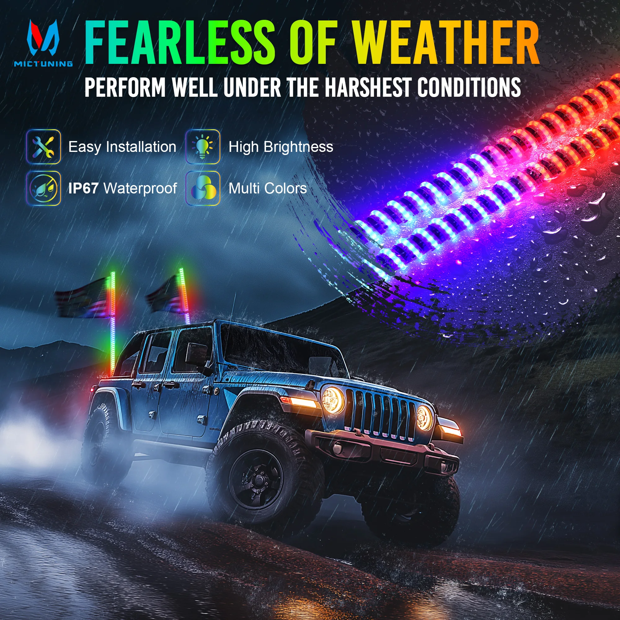 

MICTUNING 3FT 360° Spiral LED Whip Lights with Remote Control,RGB+IC Dream Flow Chasing Colors, IP68 Waterproof For ATV UTV RZR
