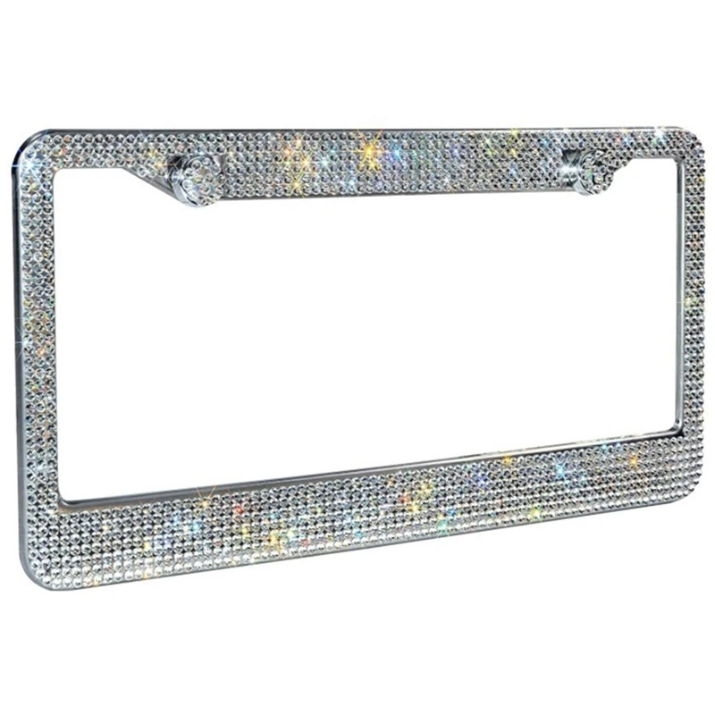 Bling Rhinestone Car License Number Plate Frame Crystal Diamond Stainless Steel Meatal License Plate Holder Black/ White/ Pink