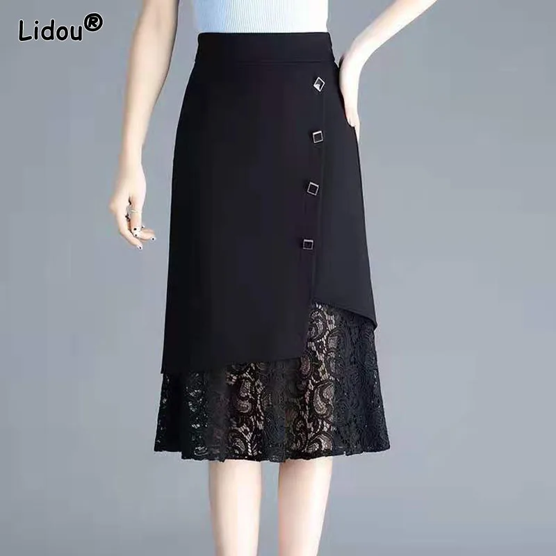 Office Lady Solid Spliced Lace Empire Women's Clothing Nylon Cotton Button Mid-calf A-line Skirt Dimensional Cut Spring Summer