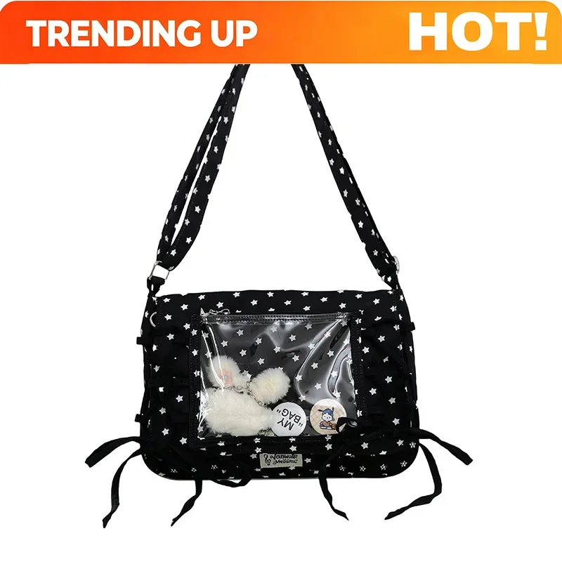 Student Casual Crossbody Bag New Japan Style Silk Ribbon Flap Women Shoulder Bag Large Capacity Bow Transparent Pain Bag