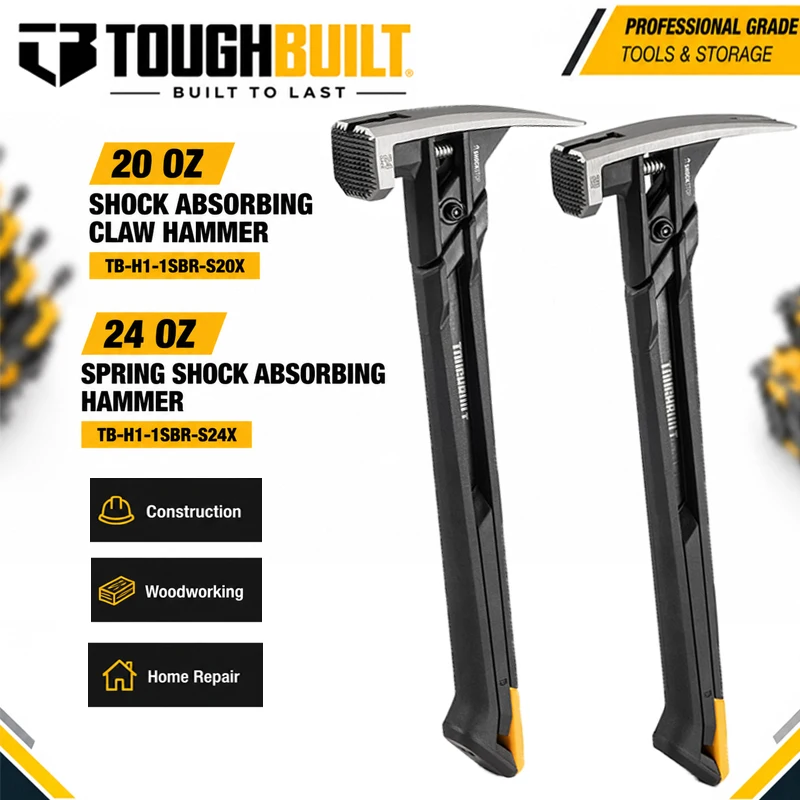 TOUGHBUILT TB-H1-1SBR-S20X 20oz/S24X 24oz Shockproof Claw Hammer, High Carbon Steel Magnetic Nail Slot Anti-slip Hand Tool