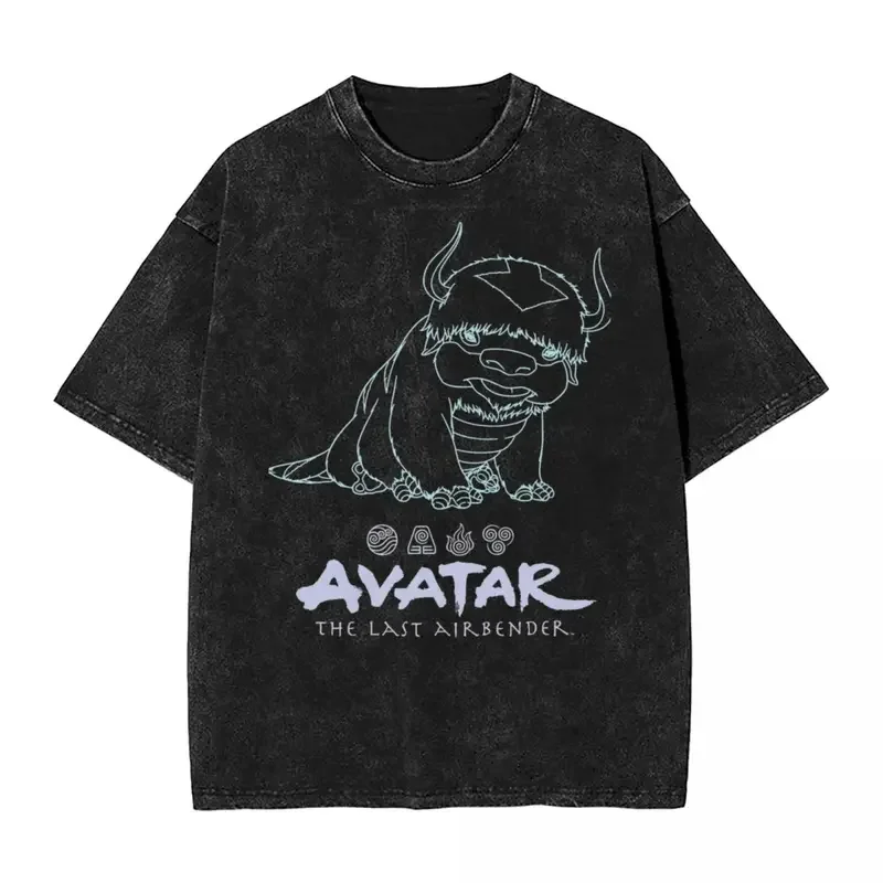 Avatar-The Last Airbender Appa Line Art Logo Washed T Shirt Streetwear Retro T-Shirt Tee Shirt Men Women High Street Summer