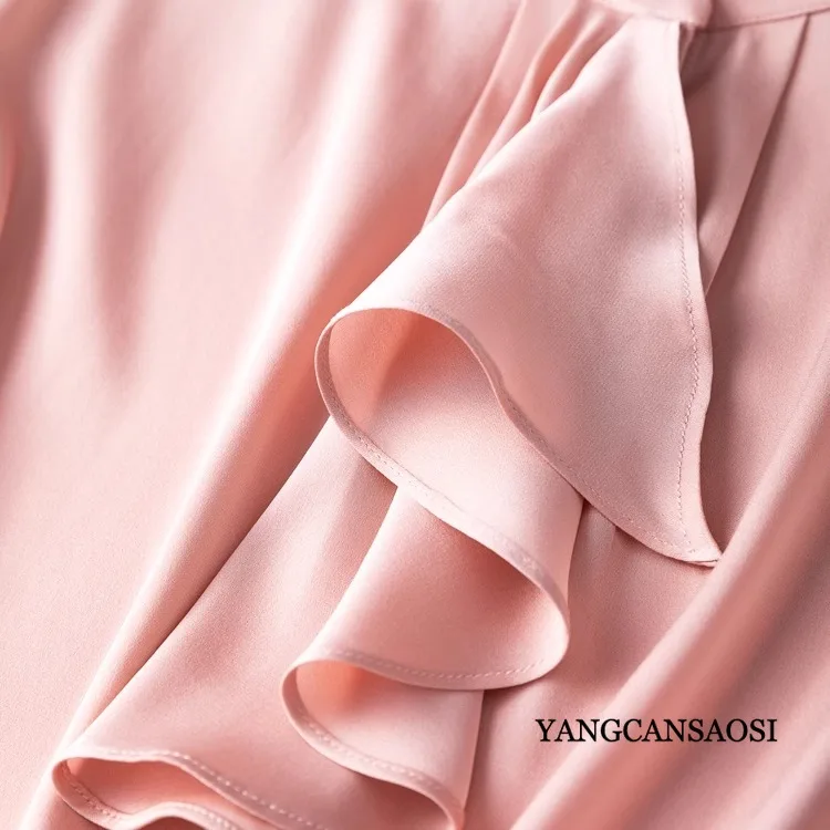 19MM Light Luxury Texture 93% Natural Mulberry Silk Elastic Double Qiao Satin Stand Collar Lotus Leaf Edge Long Sleeve Shirt