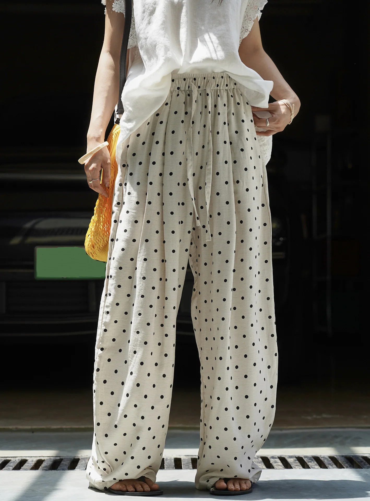 Pantalon d'été décontracté à pois pour femmes, imprimé, taille haute, ample, jambes larges