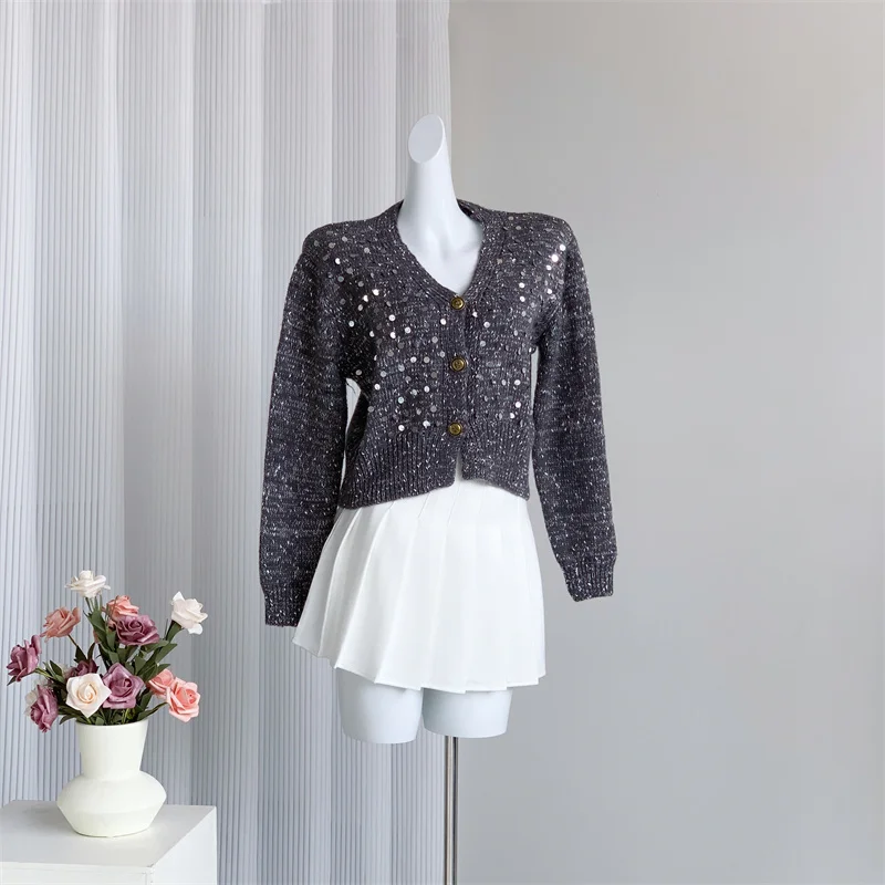 [ZOCI] French V-neck Knitted Cardigan Autumn Style Heavy Industry Sequin High-end Tie Dye Outer Sweater Jacket