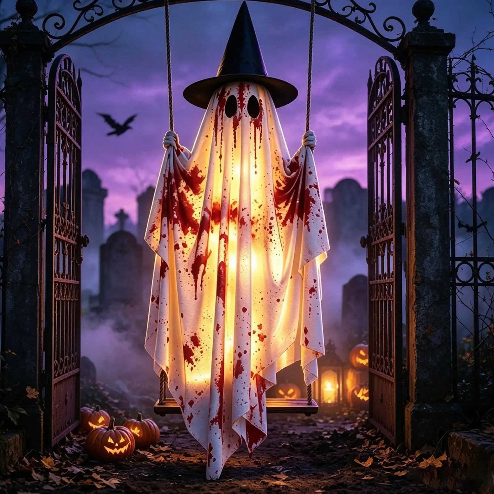 Outdoor Halloween Decoration, 5Ft Large Hanging Ghost Swing, Bloody Witch Swing Ghost Pendant, With Remote Control String Lights