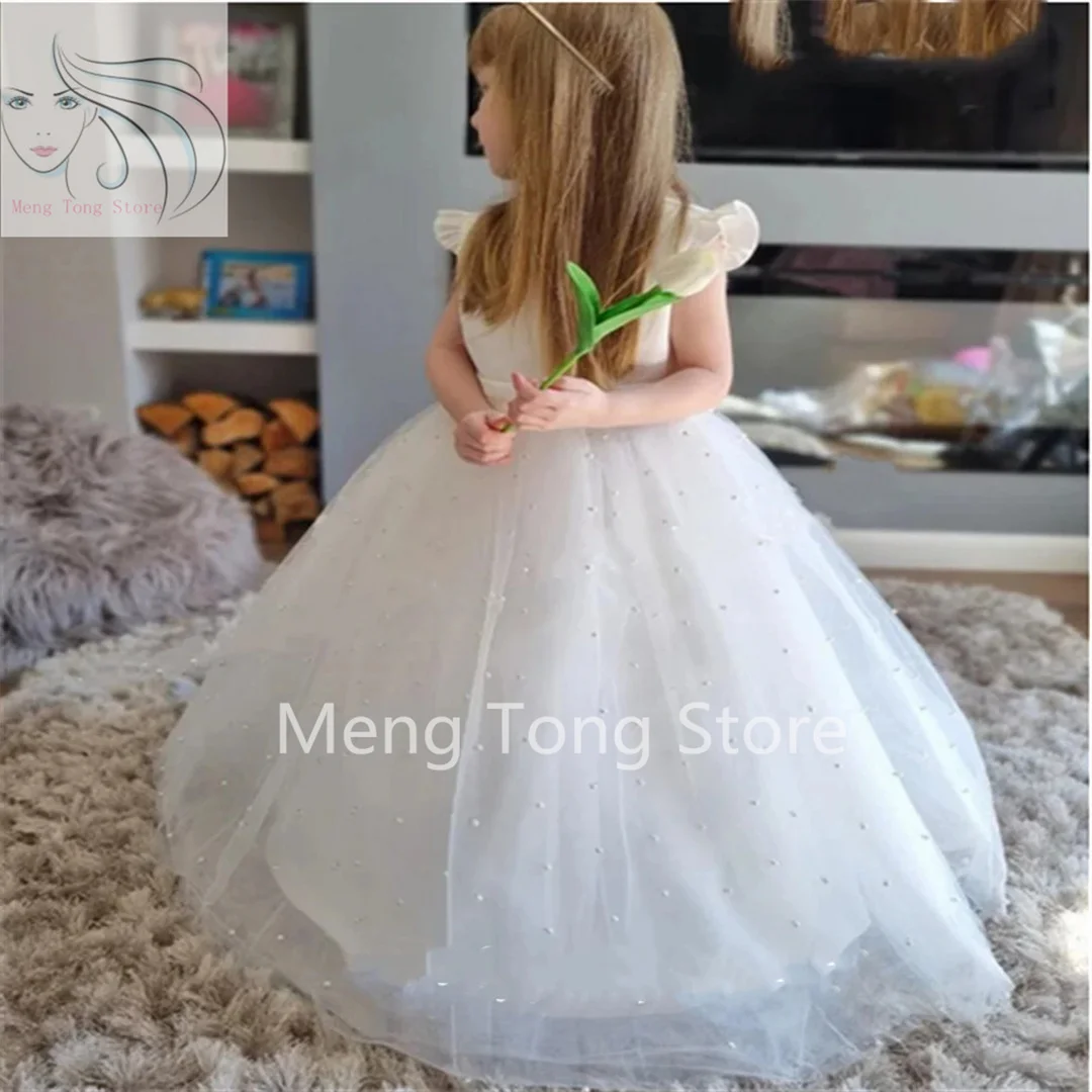 

Flower Girl Dress Princess Long Length The Round Neck Is Fluffy And Sleeveless Bow Pearls Kids Party Dress Communion