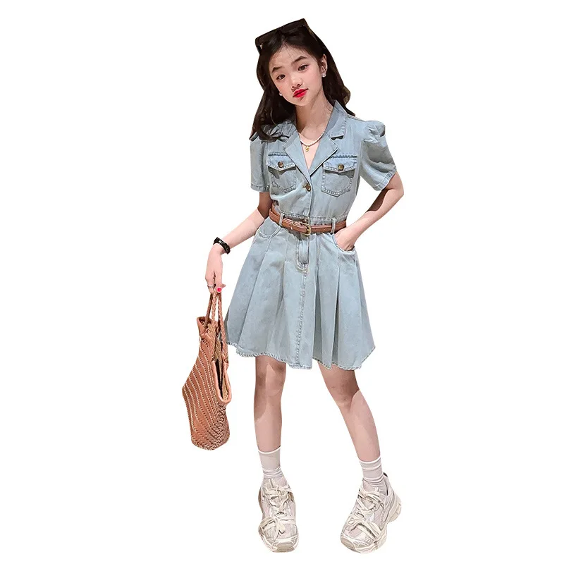 2024 Korean Summer Junior Girl Denim Dress Teenager Girl Single-breasted One-piece Dress School Girl Bubble Sleeve Pleated Dress