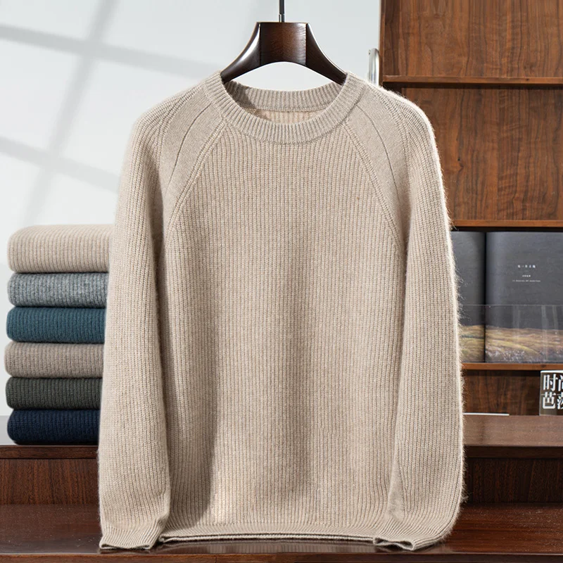 100% ピュアカシミヤセーターメンズ O ネックニットジャンパー秋/冬新ソリッドカラー長袖トップスビジネスカジュアル紳士服