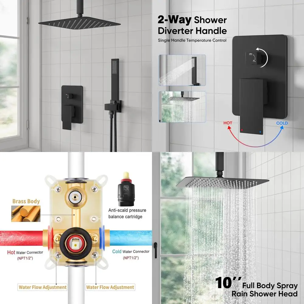 

Matte Black Metal Ceiling Shower System with 10 Rainfall Head and Handheld, Pressure Balanced