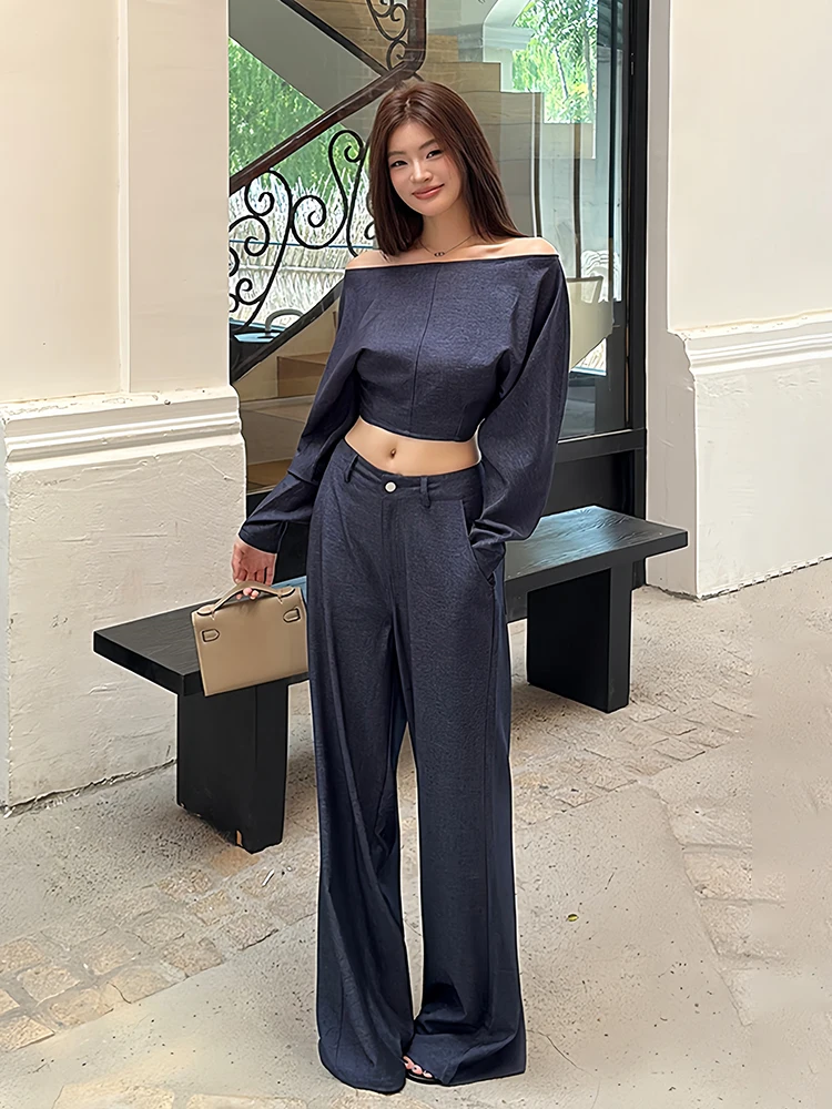 ReddaChic Off Shoulder Blouse Pants Women Matching Set Lounge High Rise Wide Leg Pants Long Sleeve Crop Top New In Fall Clothes