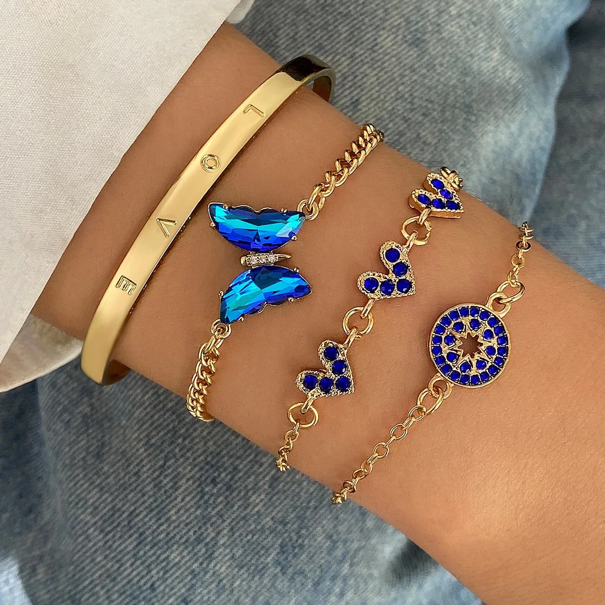 4pcs/set Fashion Scientific Sapphire Heart Flower Butterfly Hand Bracelet Set Metal Jewelry Decoration For Women F2151