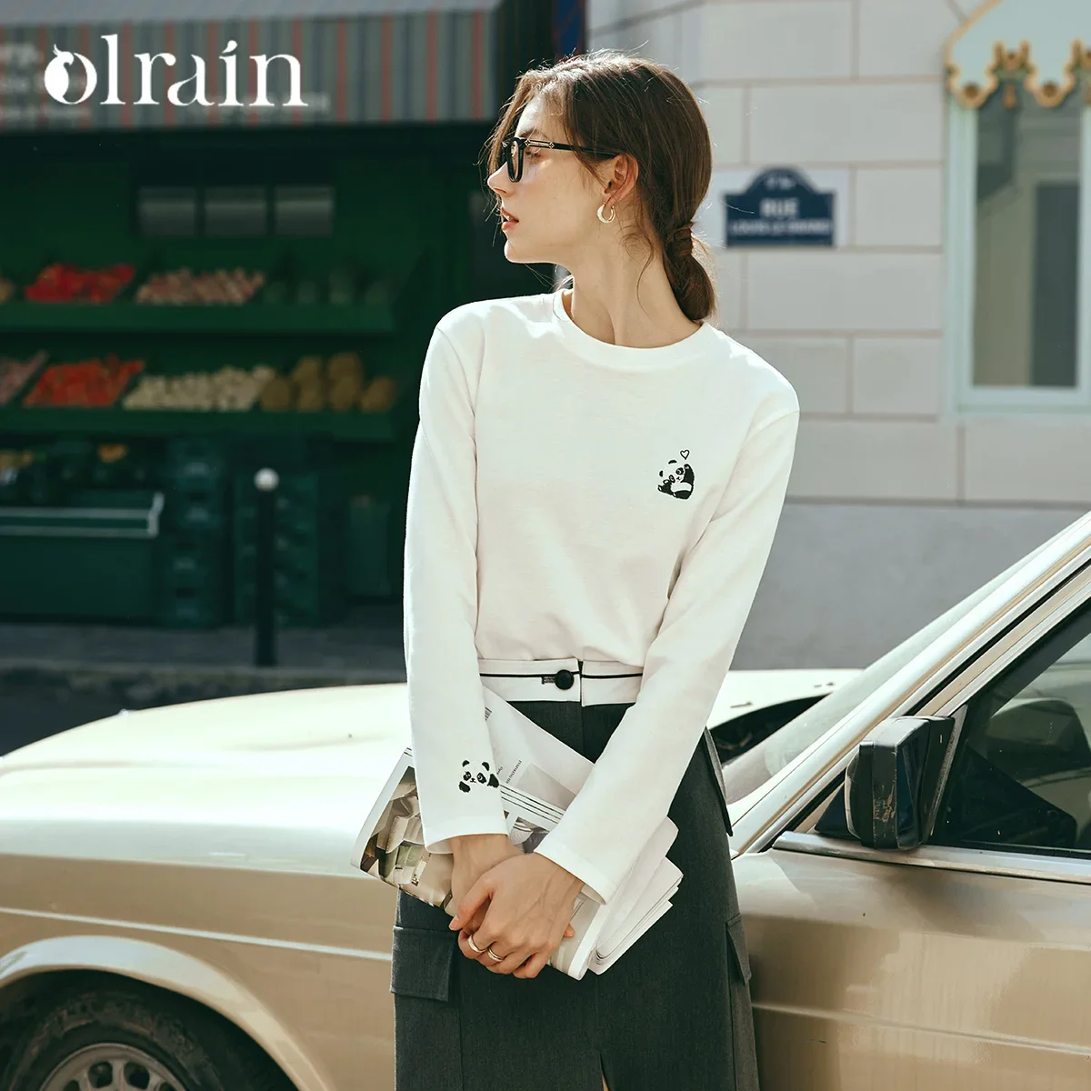 

OLrain Off-White Long Sleeve T-Shirt for Women 2026 Spring Fall Loose Fit Panda Embroidery Cotton Blend Tops Woman O57QT89395