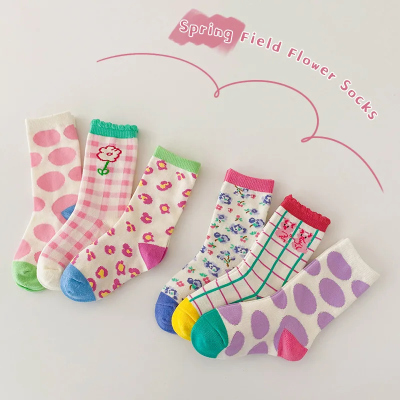 3Pairs Pack 1-8 Year 2022 spring color-blocked plaid floral socks bubble mouth girls socks