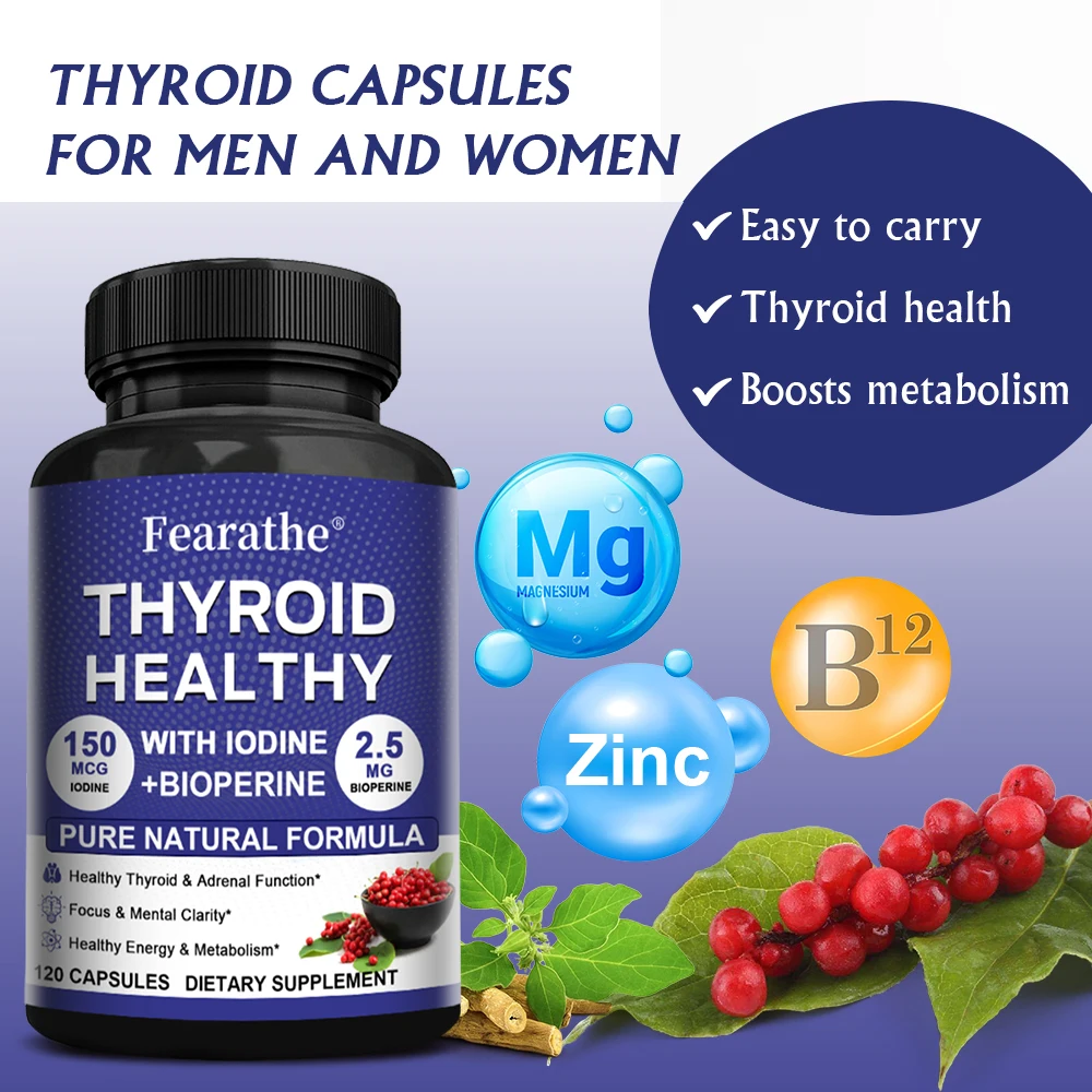 Thyroid Support Capsules with Iodine & Herbal Minerals, Support Thyroid Function, Metabolism, Energy, Focus & Cognitive Health