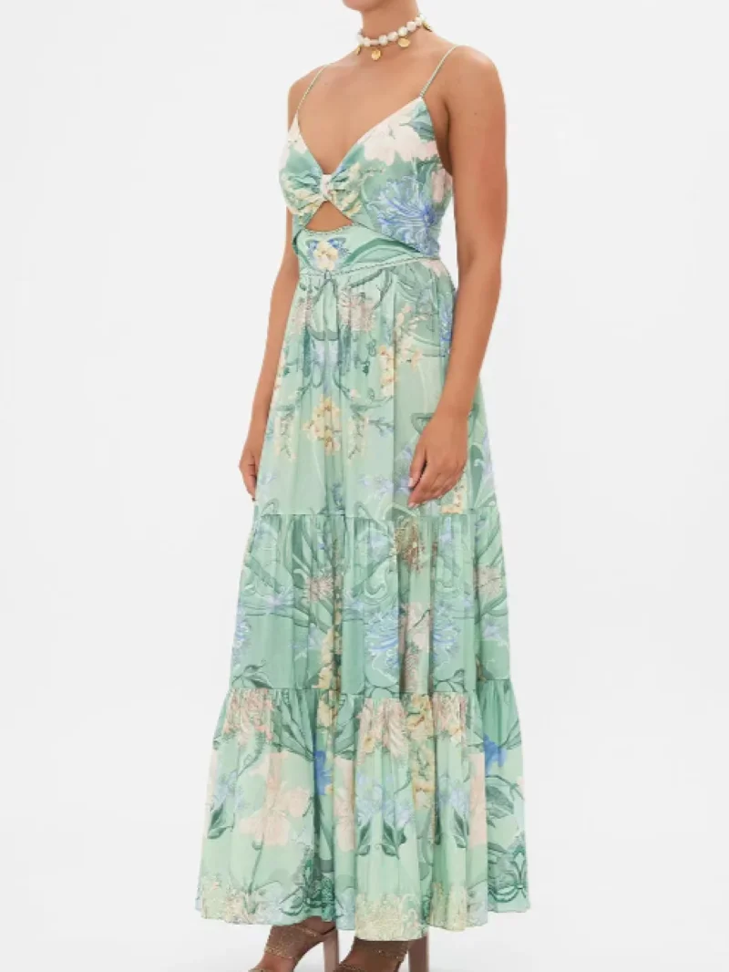 

Women Hollow Out Green Robe Floral Printed V-Neck Sleeveless High Waist Holiday Silk Maxi Dress