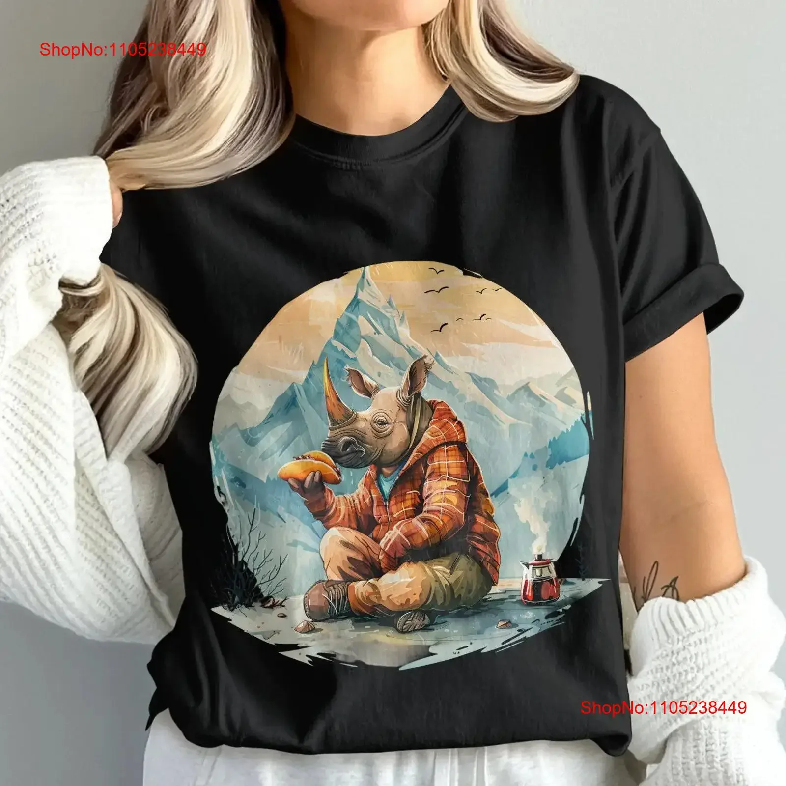 Rhino Camping and Taco Eating T Shirt Fun Outdoors Animal Design Casual vintage Washed Versatile Unisex Stylish Stretched