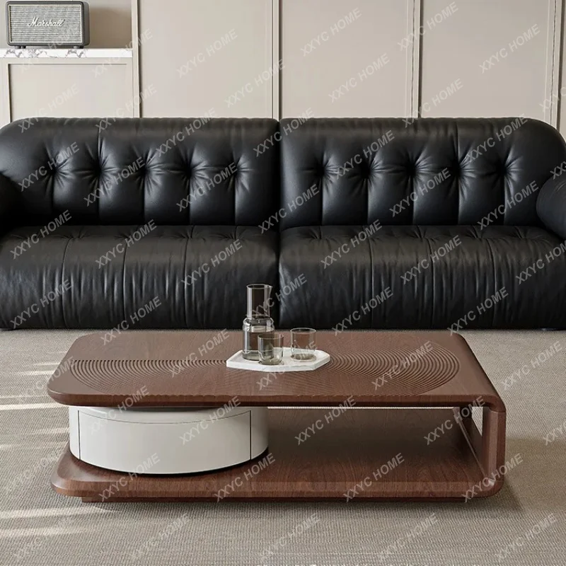 XXSimple modern rotatable coffee table living room drawer storage natural walnut leather