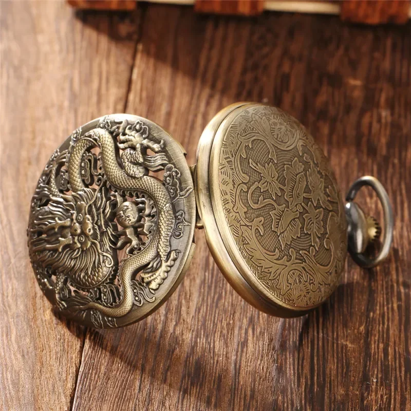 Classic Engraved Dragon Full Hunter Roman Number Quartz Pocket Watch for Men Women with Necklace FOB Chain Gift reloj