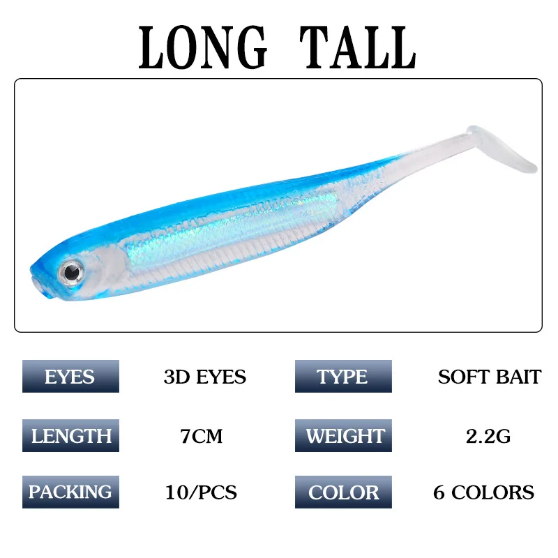 1 PCS T-shaped Tail 3D Eyes Soft Fishing Bait Simulated Fish Fishing Lure 7cm 2.2g Artificial Lifelike Skin Fishing Tackle