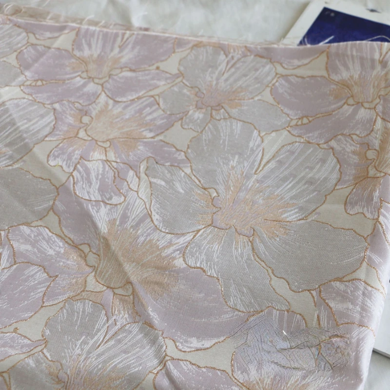 

Fabric Width 50x165cm Light Pink Woven Gold Plant Flower Milk Series Brocade Chemical Fiber DIY Dress Sewing Coat Fashion Style