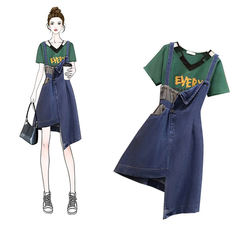 

Cute Large Size Women's Clothing 2022 Summer New Slim Short Sleeve T-shirt + Denim Suspender Dress Two-piece Suits d21