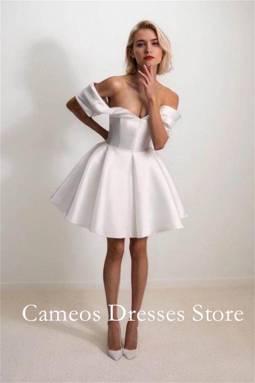 

SONDR Customized Off Shoulder Ruched Ivory Wedding Dresses A-Line Mini Above Knee Soft Satin Brides Gowns Women Bridal Dresses