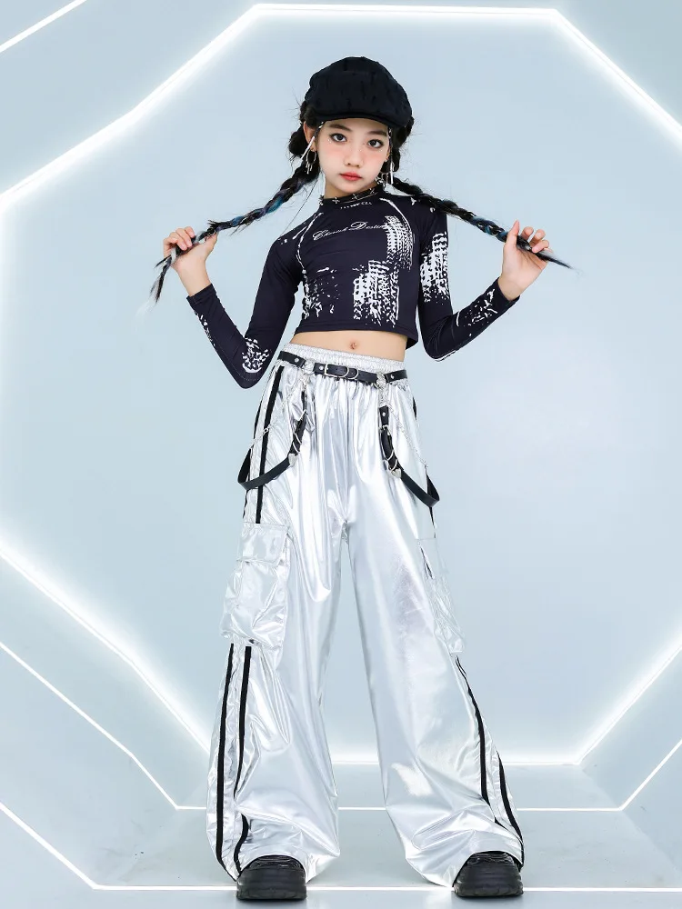 Kids Hip Hop Clothing Silvery Cool Shiny Hip Hop Stage Outfits Girls Drum Street Dance Clothes Jazz performance Suit