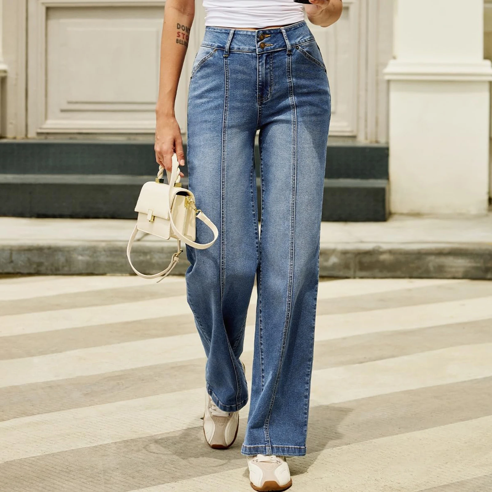 Pantalones vaqueros de pierna recta de cintura alta a la moda para mujer, pantalones vaqueros holgados de pierna ancha, pantalones largos coreanos Retro para ir al trabajo diario