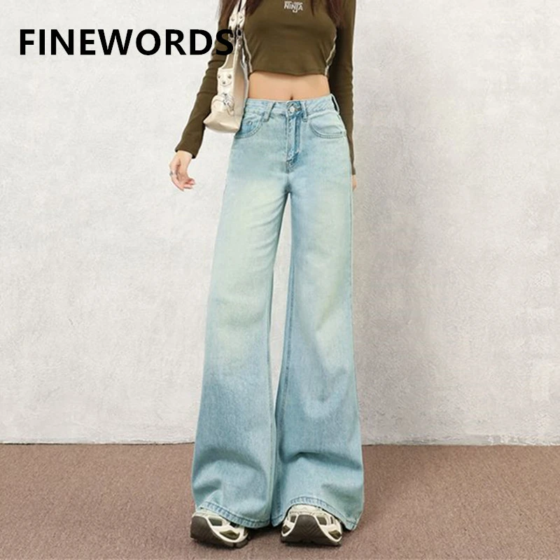 

FINEWORDS, потертые расклешенные джинсы в стиле ретро с высокой талией, женские легкие корейские джинсы-клеш, уличная одежда, повседневные джинсы в стиле Харадзюку