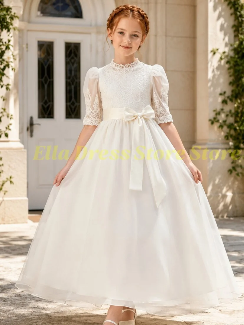Maßgefertigtes Großhandels-Blumenmädchenkleid, Prinzessinnenkleid aus Satin, Rückenfrei, für Hochzeit, Erstkommunion, Party, Festzug – Detail 1