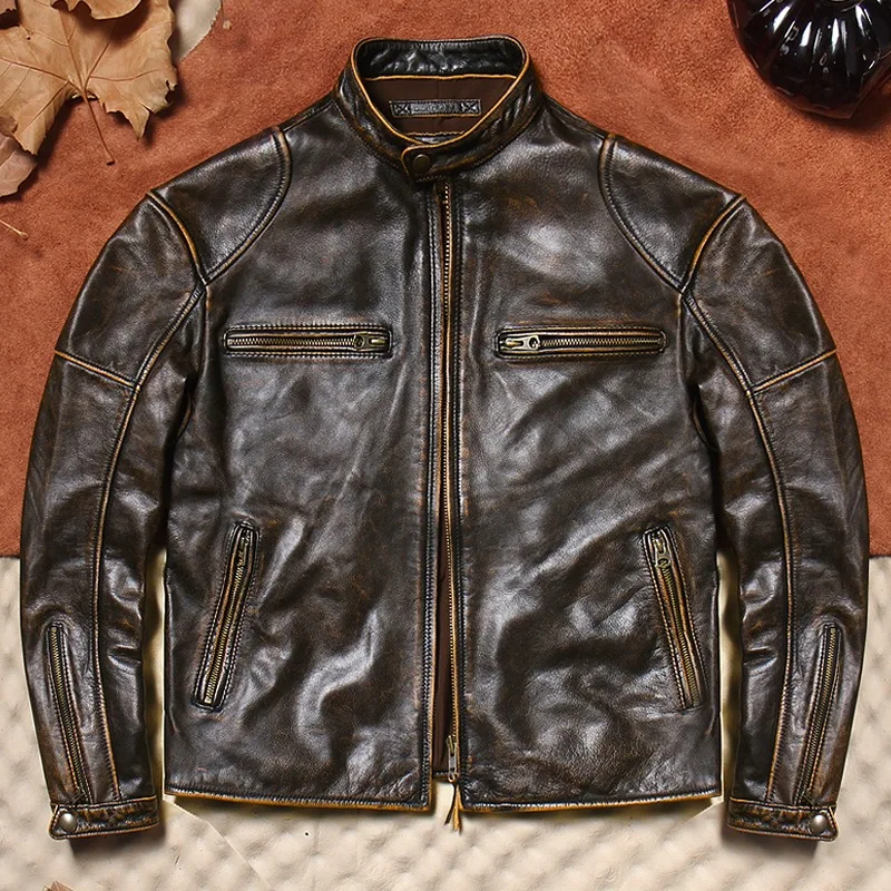 Men\'s leather jacket classic J100 brown and yellow leather retro cowhide motorcycle riding suit short, sportsman, fashion