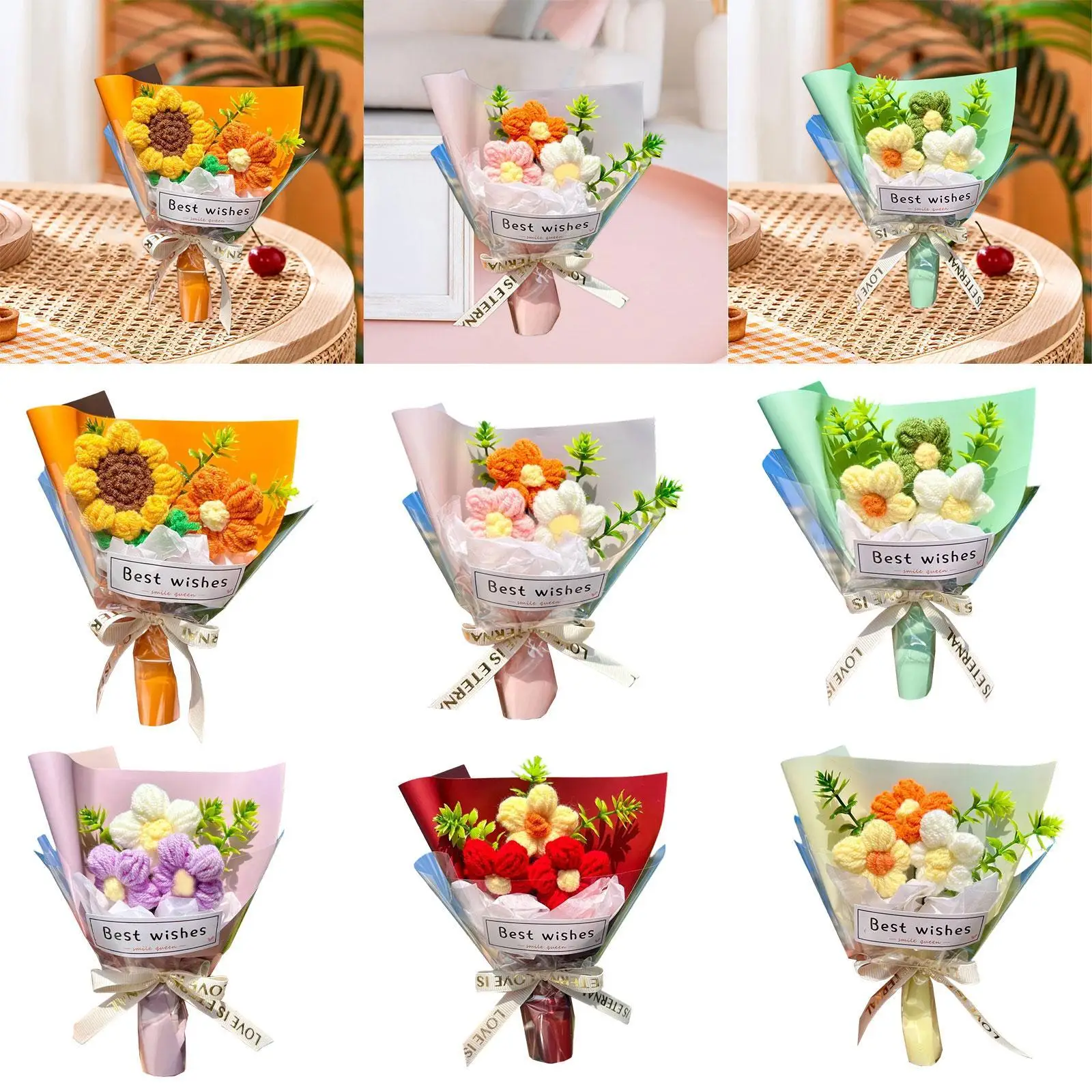 Knitted Artificial Flowers Crochet Flowers Decoration Ornament Artificial Artwork for Wedding Valentines Day Thanksgiving Day