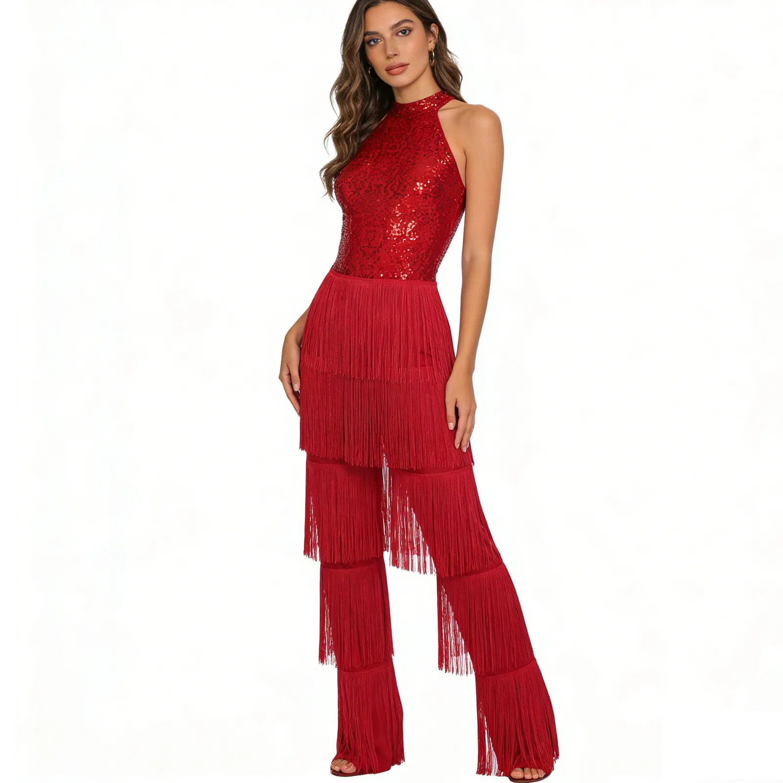 Womens Cha-cha Latin Ballroom Dance Performance Costume Sequins Tiered Tassel Rompers Halter Backless Unitards Jumpsuit Bodysuit
