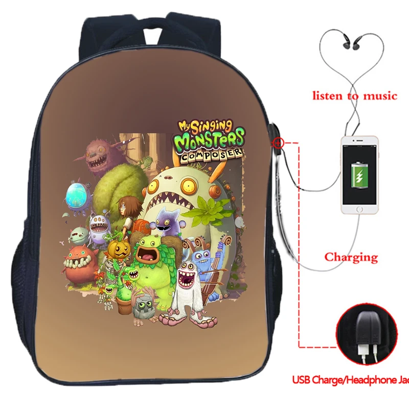 Mochila My Singing Monster para niñas y niños, Mochila de juego de 16 pulgadas, adolescentes, estudiantes, escuela, carga USB