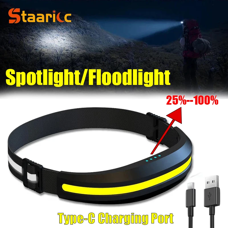 Lanterna de Cabeça Portátil COB Recarregável USB com Luz Vermelha e Branca para Trabalho, Acampamento, Pesca e Holofote