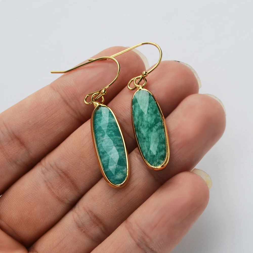 BOROSA Unique Long Teardrop Golden Plated Amazonite Faceted Dangle Earrings Natural Green Stone Drop Earring Jewelry Accessories